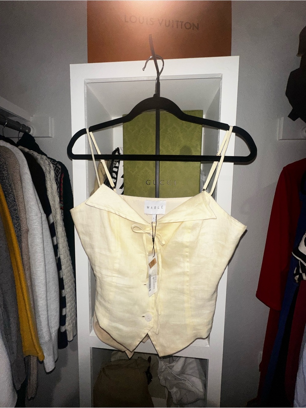 MARBLE Yellow Linen Blend Spaghetti Strap Top